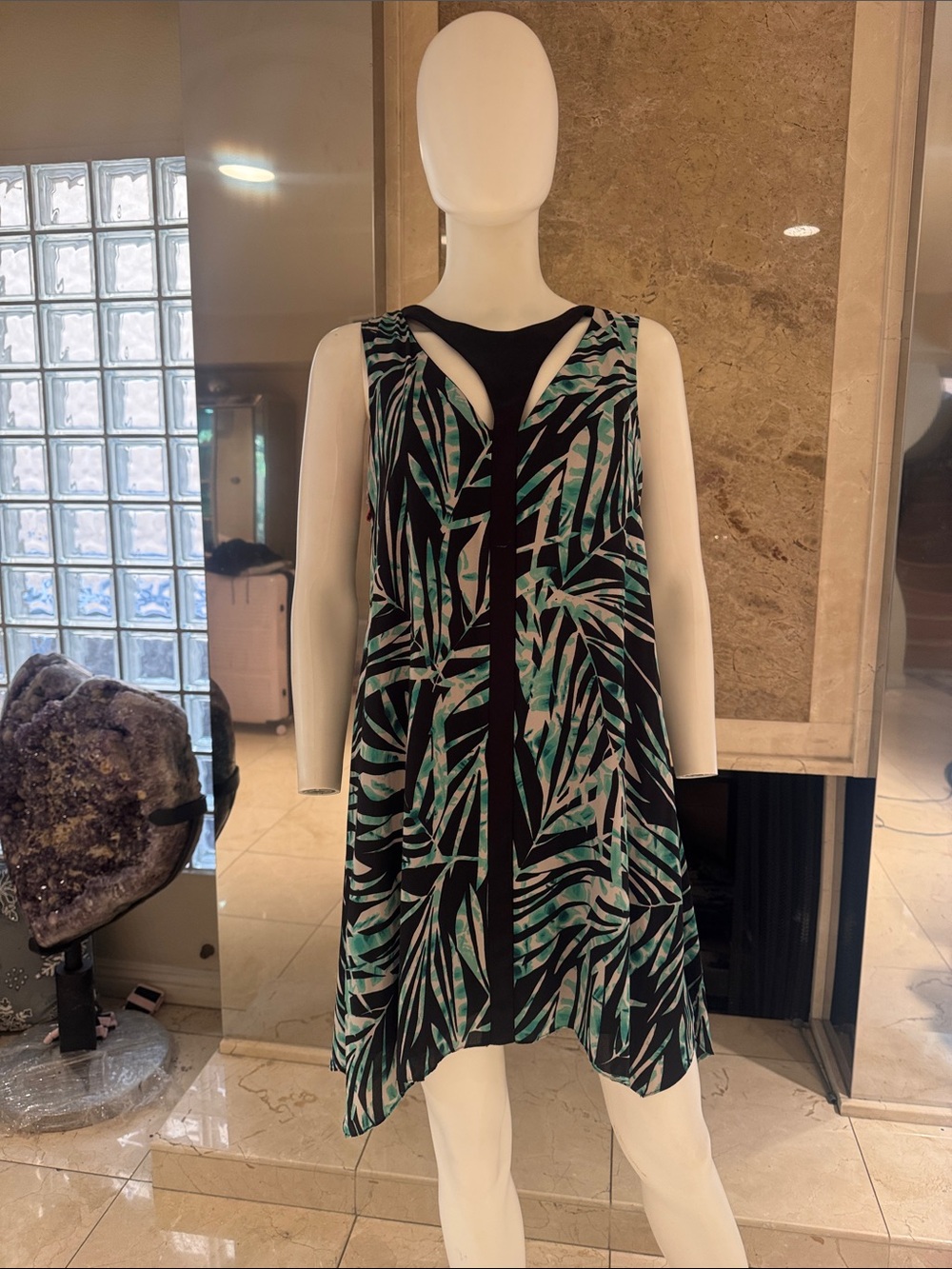 BCBGMAXAZRIA Abstract Print Cutout Shift Dress Black Turquoise
